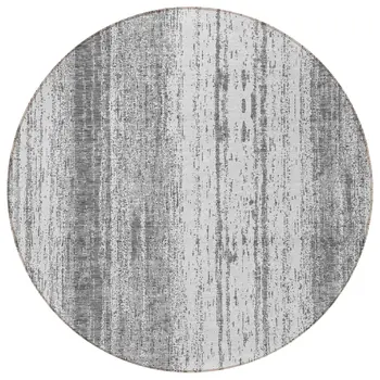 8' Gray And Ivory Round Striped Washable Indoor Outdoor Area Rug
