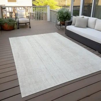 9' X 12' Ivory And Beige Striped Washable Indoor Outdoor Area Rug