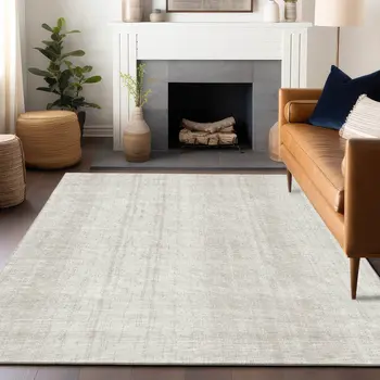 9' X 12' Ivory And Beige Striped Washable Indoor Outdoor Area Rug