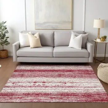 5' X 8' Merlot And Ivory Striped Washable Indoor Outdoor Area Rug