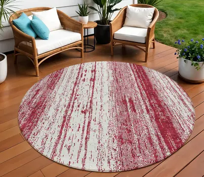 8' Merlot And Ivory Round Striped Washable Indoor Outdoor Area Rug