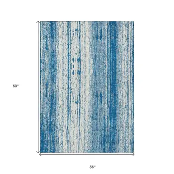 3' X 5' Navy Blue And Ivory Striped Washable Indoor Outdoor Area Rug