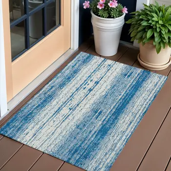 3' X 5' Navy Blue And Ivory Striped Washable Indoor Outdoor Area Rug
