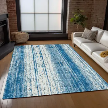 5' X 8' Navy Blue And Ivory Striped Washable Indoor Outdoor Area Rug