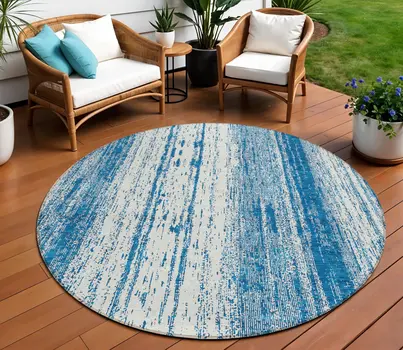 8' Navy Blue And Ivory Round Striped Washable Indoor Outdoor Area Rug