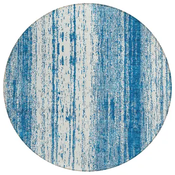 8' Navy Blue And Ivory Round Striped Washable Indoor Outdoor Area Rug