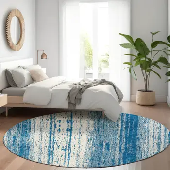 8' Navy Blue And Ivory Round Striped Washable Indoor Outdoor Area Rug