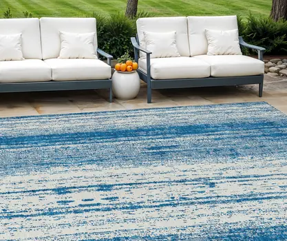 8' X 10' Navy Blue And Ivory Striped Washable Indoor Outdoor Area Rug