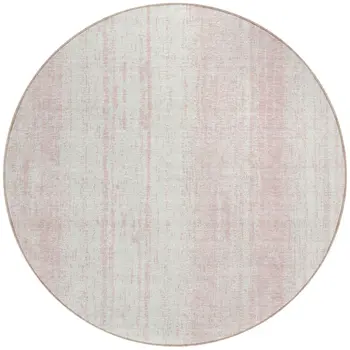 8' Pink And Ivory Round Striped Washable Indoor Outdoor Area Rug