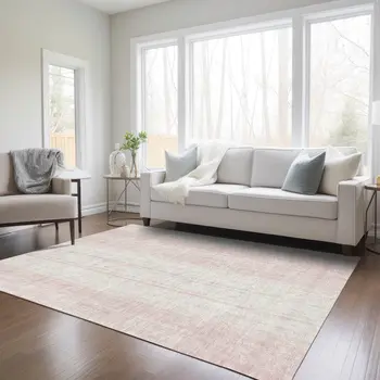 10' X 14' Pink And Ivory Striped Washable Indoor Outdoor Area Rug