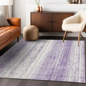 3' X 5' Purple And Ivory Striped Washable Indoor Outdoor Area Rug