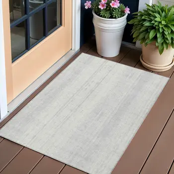 3' X 5' Silver And Ivory Striped Washable Indoor Outdoor Area Rug