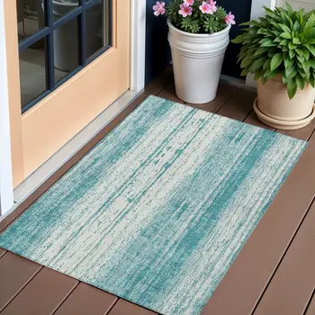 3' X 5' Teal Blue And Ivory Striped Washable Indoor Outdoor Area Rug