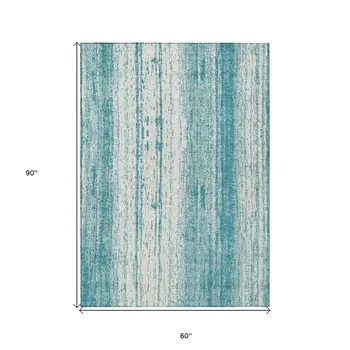 5' X 8' Teal Blue And Ivory Striped Washable Indoor Outdoor Area Rug