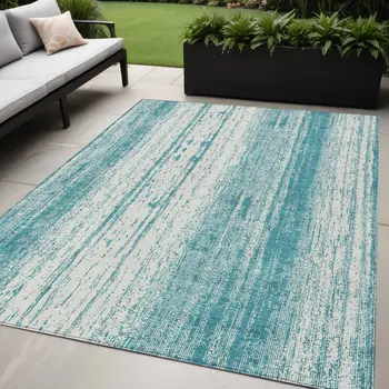 5' X 8' Teal Blue And Ivory Striped Washable Indoor Outdoor Area Rug