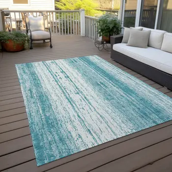 5' X 8' Teal Blue And Ivory Striped Washable Indoor Outdoor Area Rug