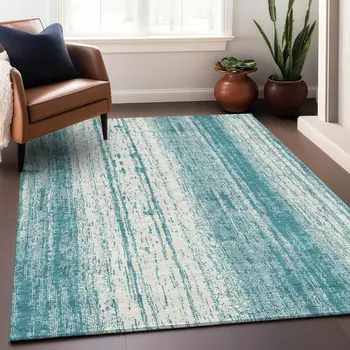 5' X 8' Teal Blue And Ivory Striped Washable Indoor Outdoor Area Rug