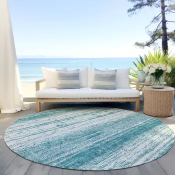 8' Teal Blue And Ivory Round Striped Washable Indoor Outdoor Area Rug