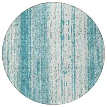 8' Teal Blue And Ivory Round Striped Washable Indoor Outdoor Area Rug