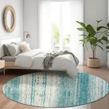 8' Teal Blue And Ivory Round Striped Washable Indoor Outdoor Area Rug