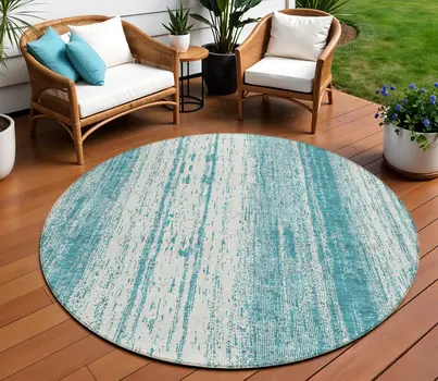 8' Teal Blue And Ivory Round Striped Washable Indoor Outdoor Area Rug