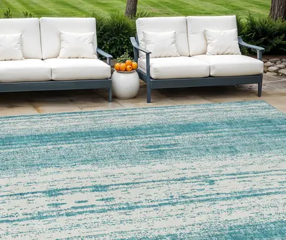 9' X 12' Teal Blue And Ivory Striped Washable Indoor Outdoor Area Rug