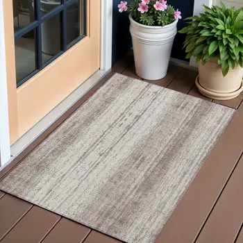 3' X 5' Taupe And Ivory Striped Washable Indoor Outdoor Area Rug