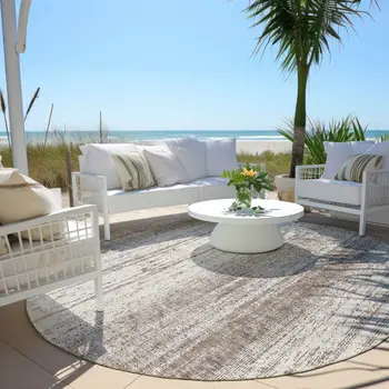 8' Taupe And Ivory Round Striped Washable Indoor Outdoor Area Rug