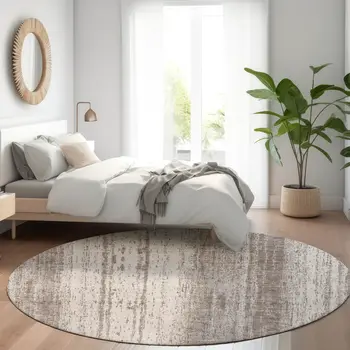 8' Taupe And Ivory Round Striped Washable Indoor Outdoor Area Rug