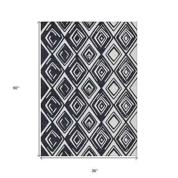 3' X 5' Black And Ivory Geometric Washable Indoor Outdoor Area Rug