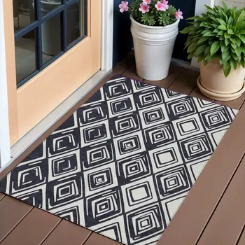 3' X 5' Black And Ivory Geometric Washable Indoor Outdoor Area Rug