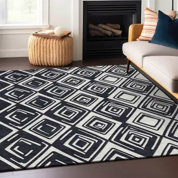5' X 8' Black And Ivory Geometric Washable Indoor Outdoor Area Rug