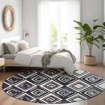 8' Black And Ivory Round Geometric Washable Indoor Outdoor Area Rug