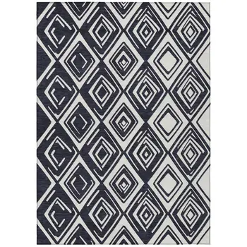 8' X 10' Black And Ivory Geometric Washable Indoor Outdoor Area Rug
