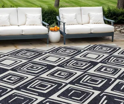 9' X 12' Black And Ivory Geometric Washable Indoor Outdoor Area Rug