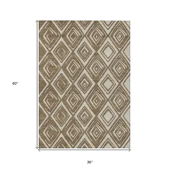 3' X 5' Brown And Beige Geometric Washable Indoor Outdoor Area Rug