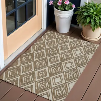 3' X 5' Brown And Beige Geometric Washable Indoor Outdoor Area Rug