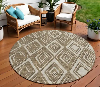8' Brown And Beige Round Geometric Washable Indoor Outdoor Area Rug