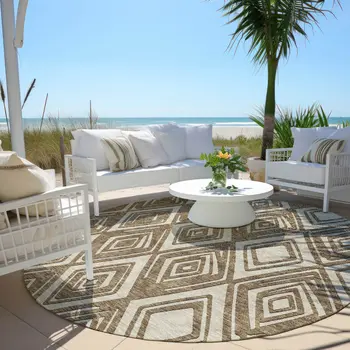 8' Brown And Beige Round Geometric Washable Indoor Outdoor Area Rug