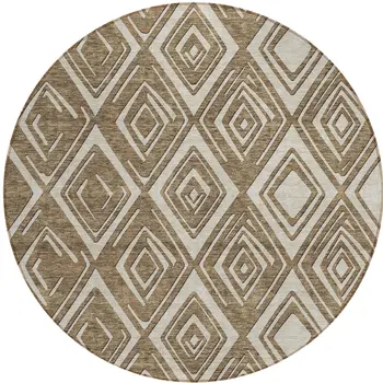 8' Brown And Beige Round Geometric Washable Indoor Outdoor Area Rug
