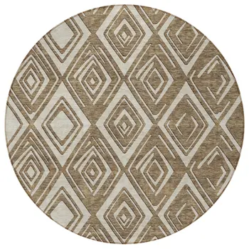8' Brown And Beige Round Geometric Washable Indoor Outdoor Area Rug