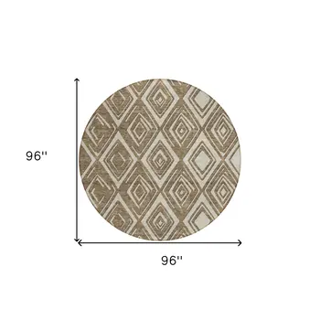 8' Brown And Beige Round Geometric Washable Indoor Outdoor Area Rug