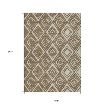 9' X 12' Brown And Beige Geometric Washable Indoor Outdoor Area Rug
