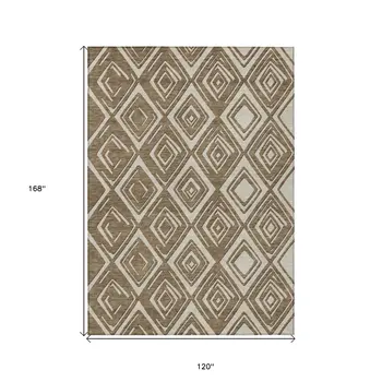 10' X 14' Brown And Beige Geometric Washable Indoor Outdoor Area Rug