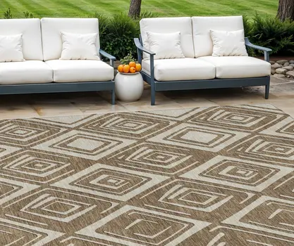 10' X 14' Brown And Beige Geometric Washable Indoor Outdoor Area Rug