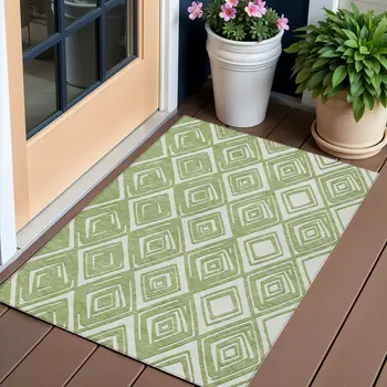 3' X 5' Green And Ivory Geometric Washable Indoor Outdoor Area Rug