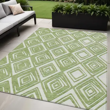 5' X 8' Green And Ivory Geometric Washable Indoor Outdoor Area Rug