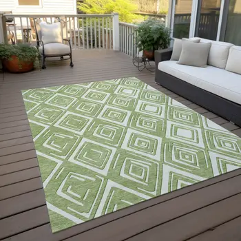 5' X 8' Green And Ivory Geometric Washable Indoor Outdoor Area Rug