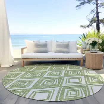 8' Green And Ivory Round Geometric Washable Indoor Outdoor Area Rug