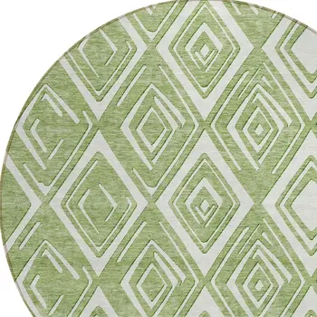 8' Green And Ivory Round Geometric Washable Indoor Outdoor Area Rug